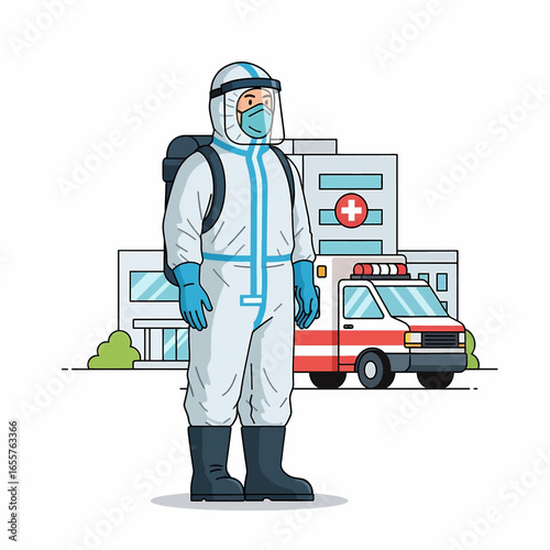 Healthcare Hero in PPE Suit at Hospital with Ambulance