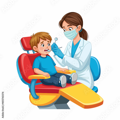 Pediatric Dental Check-up: Scared Boy and Female Dentist