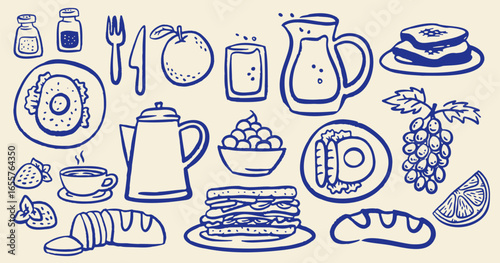 Hand draw la dolce vita breakfast or brunch doodles. Vector illustration of food and coffee in whimsical Italian ink drawing style. Minimalist line art. Illustration for invitations, menus, poster.