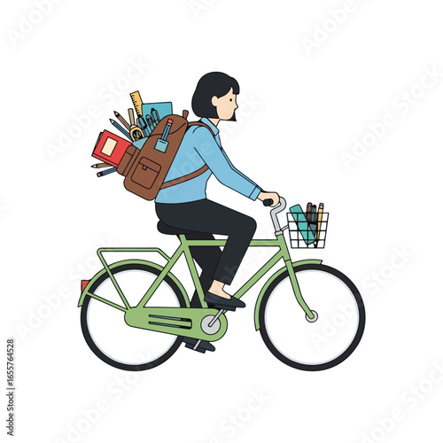 A cheerful clip art illustration of an academic pupil ready for educational classroom activities, responsibly carrying textbooks and stationary.