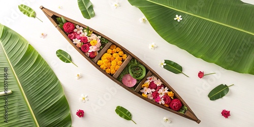 Traditional floral arrangement in a wooden boat celebrating the spirit of Onam festival season