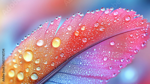 Vibrant feather adorned with water droplets displays stunning colors in a close-up shot