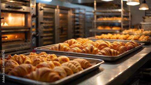 Rows of golden, flaky croissants and pastries freshly baked on metal trays in a warm, bustling commercial bakery.
