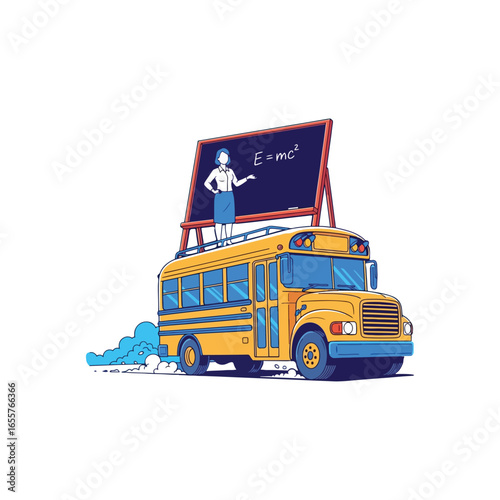 Back to School A Colorful Comic Clip Art Featuring a Teacher on a School Bus, Welcoming Students to a Fun-Filled Academic Year of Learning, Studying, and Togetherness