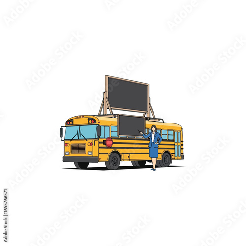 Back to school comic clip art A teacher instructor leads an educational lesson for elementary youth with a school bus, showing leadership and togetherness.