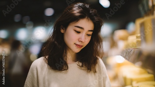 Asian woman gazing softly at artisan cheeses, evoking contemplative cosiness; perfect for Lunar New Year or Cheese Lovers Day