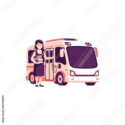 A smiling female teacher or librarian holding a stack of books stands beside a small shuttle bus.