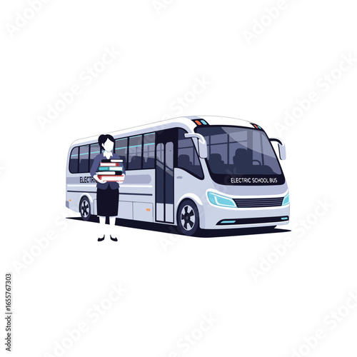 A female teacher holding a stack of books stands in front of a modern, white electric school bus illustration.