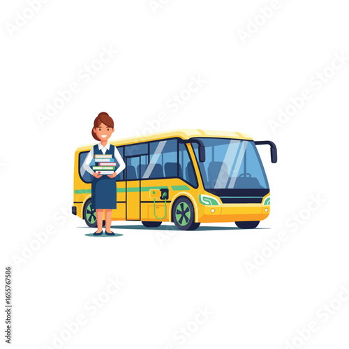 A smiling woman in a uniform stands beside a yellow school bus, holding a stack of books, ready for education and transport.