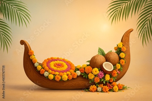 Celebrating the Vibrant Spirit of Onam with a Beautiful Floral Boat Display and Coconuts Under Palm Leaves