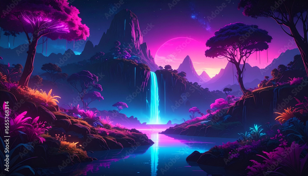 Fototapeta premium Neon landscape shows surreal nature with radiant waterfall, floating islands, and luminous charm creates serene scenery
