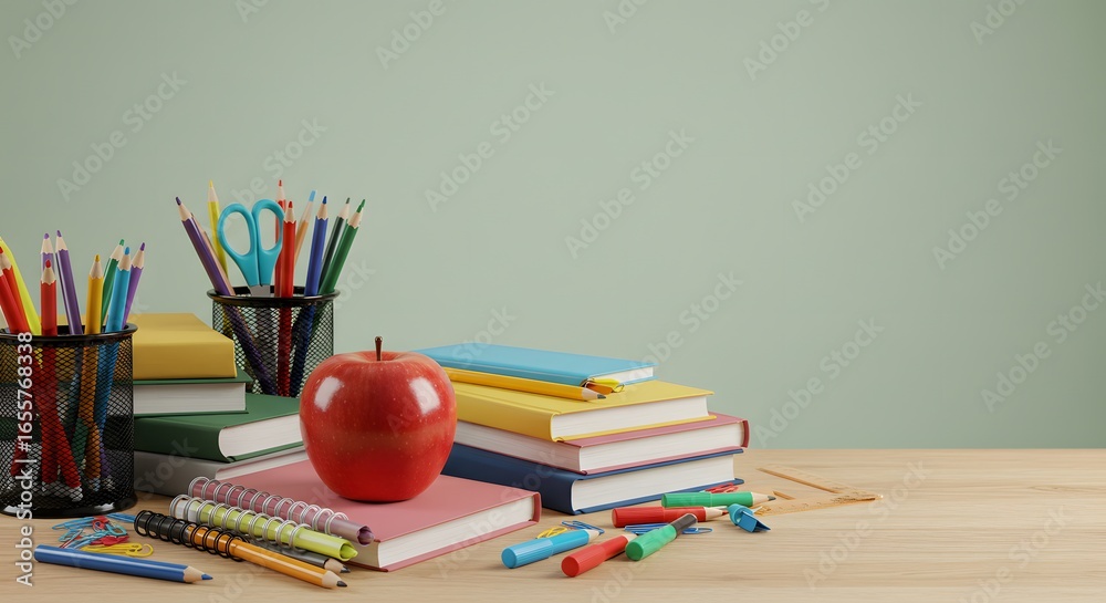 Fototapeta premium A Colorful Study Scene Featuring Books, Art Supplies, and a Bright Red Apple on a Table