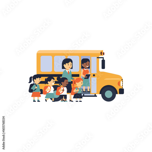 Back to School Diverse Elementary Students & Teacher Aboard a School Bus - Colorful Clip Art for Classroom Use