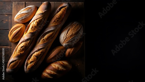 Artistic top view of freshly baked artisan breads and baguettes with dramatic lighting on a dark wooden table.