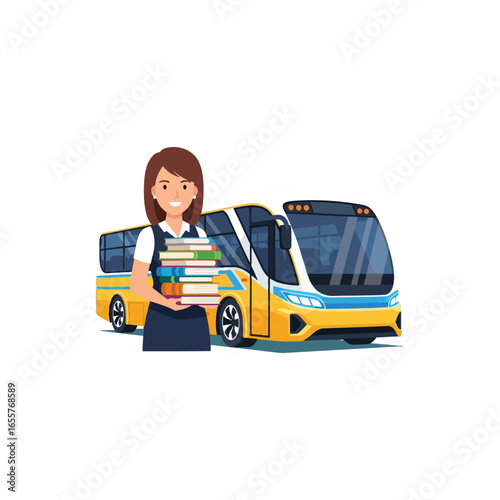 A cheerful young woman holding a stack of books stands beside a modern yellow passenger bus.