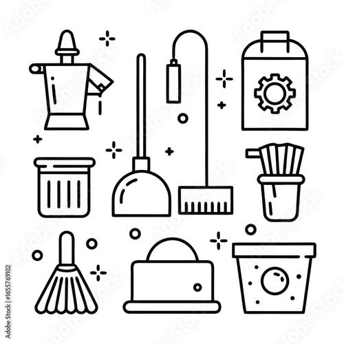 Collection of cleaning supplies and tools in a flat design style broom dustpan