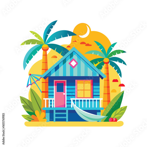 Vibrant tropical beach hut with palm trees and hammock