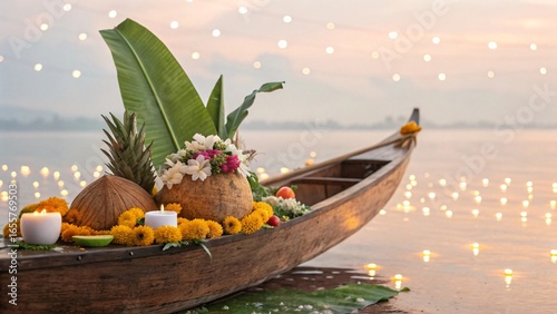 Fototapeta Naklejka Na Ścianę i Meble -  Beautifully decorated boat floating on water adorned with flowers fruits coconuts and candles under the soft glow of evening lights
