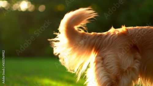 Dog Waving Tail in Golden Sunset Light – Happy Pet in Nature at Dusk