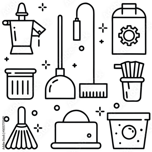Household cleaning tools and supplies icons broom