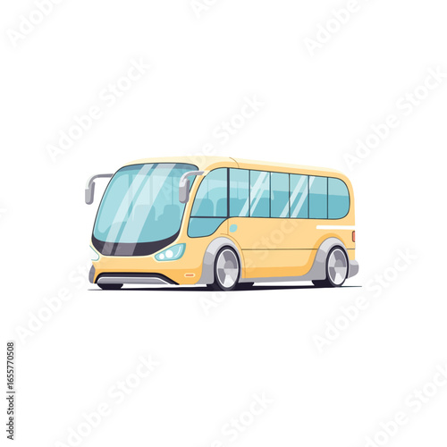 A yellow cartoon bus with large windows and modern design, isolated on a white background.
