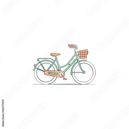 Simple illustration of a light green bicycle with a wicker basket.