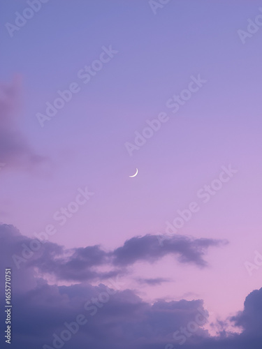A serene twilight sky with soft, purple-tinged clouds and a delicate crescent moon glowing above. The dreamy evening atmosphere captures calm, wonder, and the beauty of dusk.