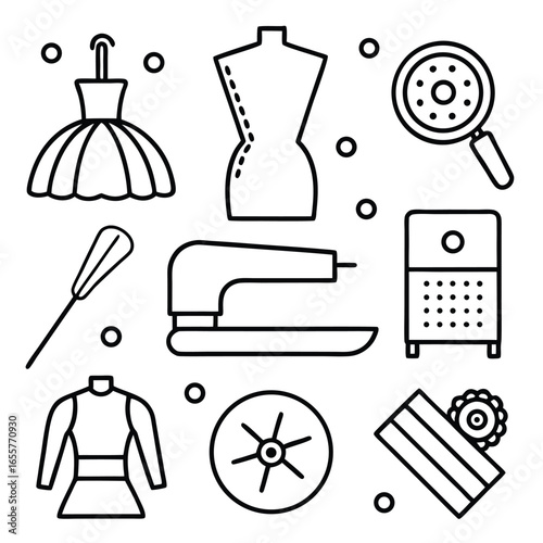 Sewing And Fashion Design Tools Collection With Dress Form And Sewing Machine needle