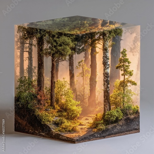 orest Landscape Encased in Transparent Cube, Conceptual Artwork