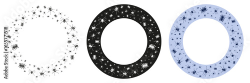 Round spider frames set. Black, white and colorful circle border made of insect.