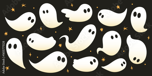 Cute ghosts Halloween sticker collection in trendy retro color.