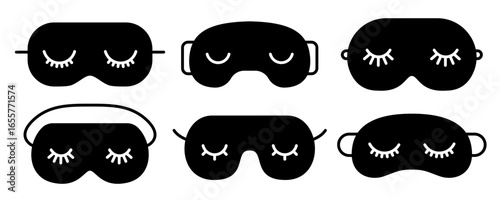 Black sleeping mask icon collection with cute eyelashes. Eye masks vector silhouettes set