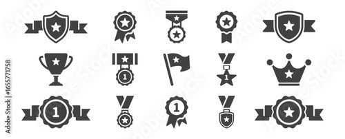 vector illustration Collection of Decorative Award Symbols Including Medals, Trophies, and Badges