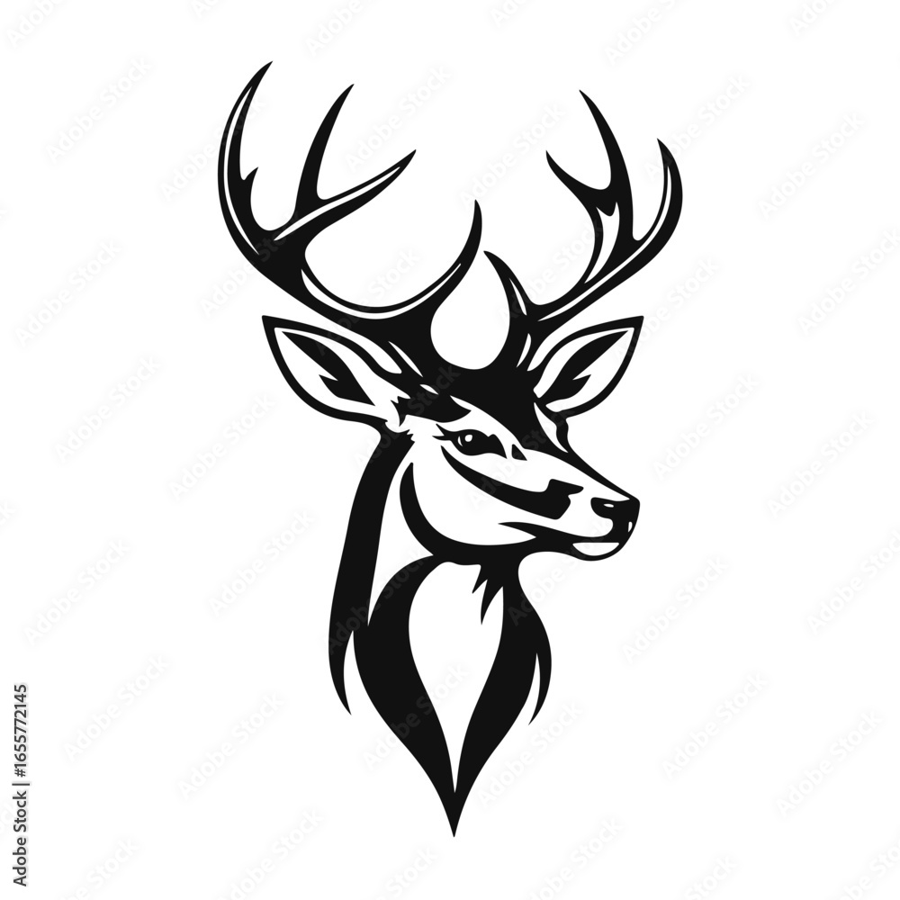 Naklejka premium Deer head silhouette with antlers in black and white line art, bold animal profile with strong forest vibe, deer head, deer silhouette, antler art, forest animal, wildlife illustration