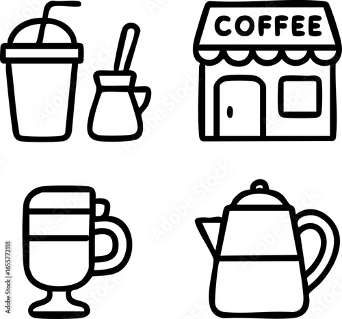 Set of hand drawn coffee shop line icons.