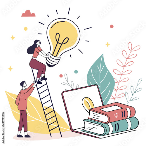 A team of people working together to reach a lightbulb, symbolizing a bright idea, with books and a laptop nearby