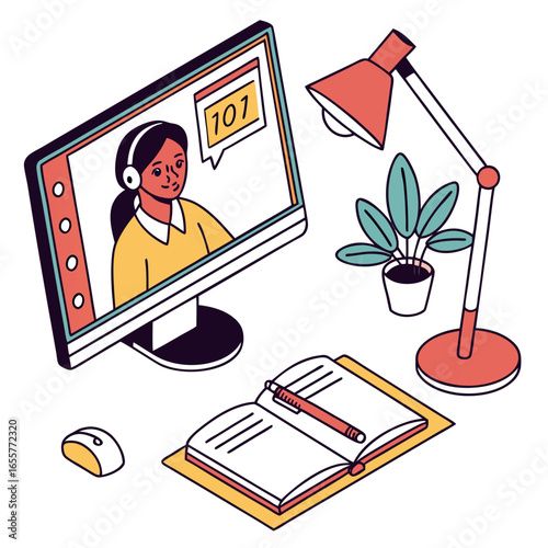 Isometric illustration of online learning setup with computer, book, lamp, and plant