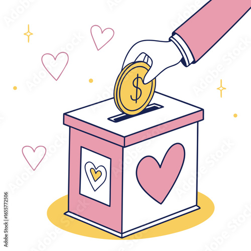 Hand putting coin in donation box with hearts, symbolizing charity, support, and community