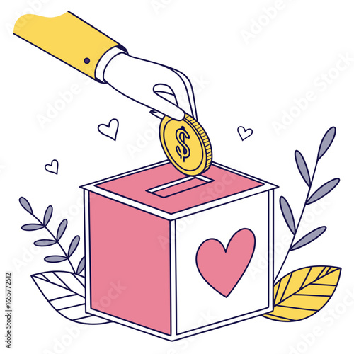 Illustration of a hand putting a coin with a dollar sign into a donation box, symbolizing charity, love, and support