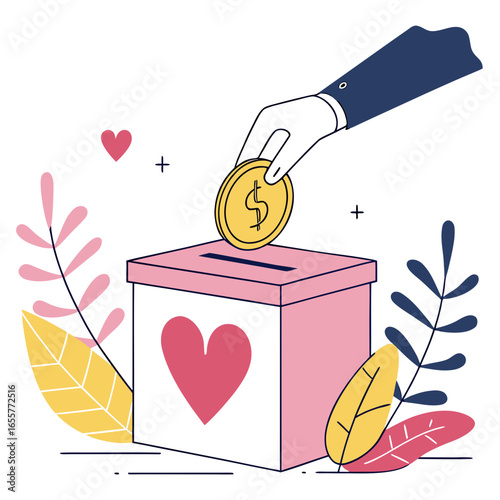 Illustration of a hand putting a coin with a dollar sign into a donation box, symbolizing charity, love, and support