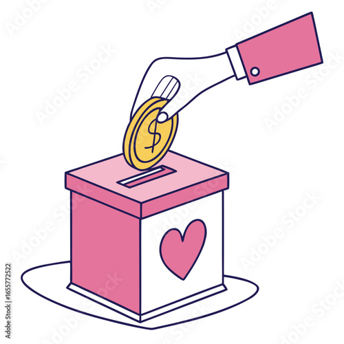 Hand putting coin in donation box with hearts, symbolizing charity, support, and community