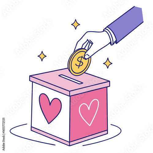 Hand putting coin in donation box with hearts, symbolizing charity, support, and community