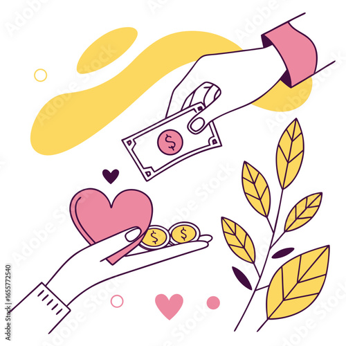 A hand giving money and heart for donation, charity, and community support
