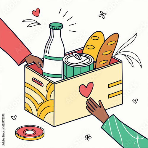 Illustration of a food donation box with milk, bread, and canned goods being given with love and care
