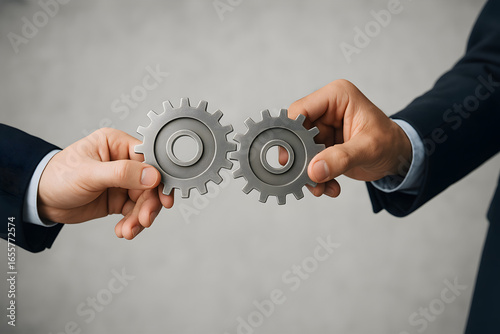 Synergy in Action: Two hands, meticulously clad in business attire, precisely align two interlocking gears, a visual metaphor for seamless collaboration and intricate teamwork.