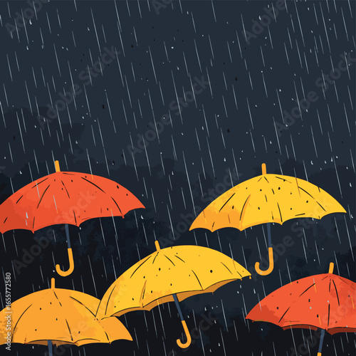 A background of rainy, gloomy weather. Umbrellas are getting rained on