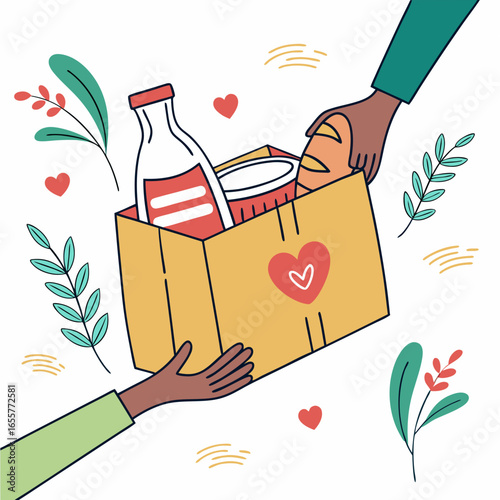 Illustration of a food donation box being given with love and care, featuring milk and bread