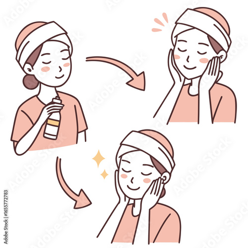 Illustration of a womans skin care routine, showing the steps of applying toner, a simple and cute drawing style