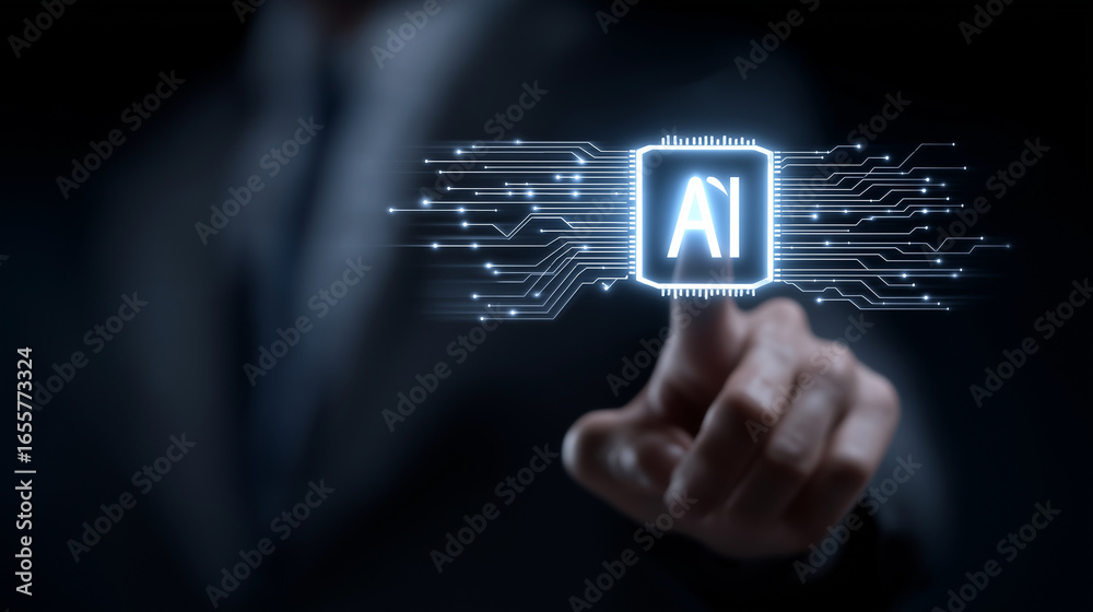 Obraz premium AI Professional Engaging with Circuit Board and Holographic Documents