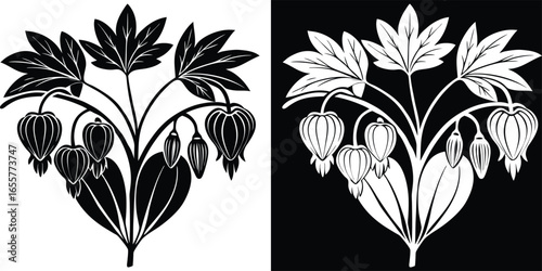 Elegant bleeding heart flower design for wedding invitations and botanical prints with a modern, timeless aesthetic in black and white